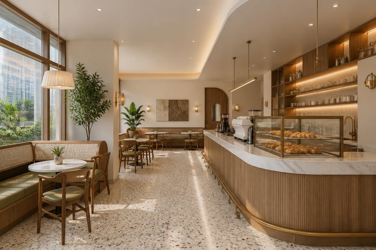Conceptual render of a warm, modern cafe interior